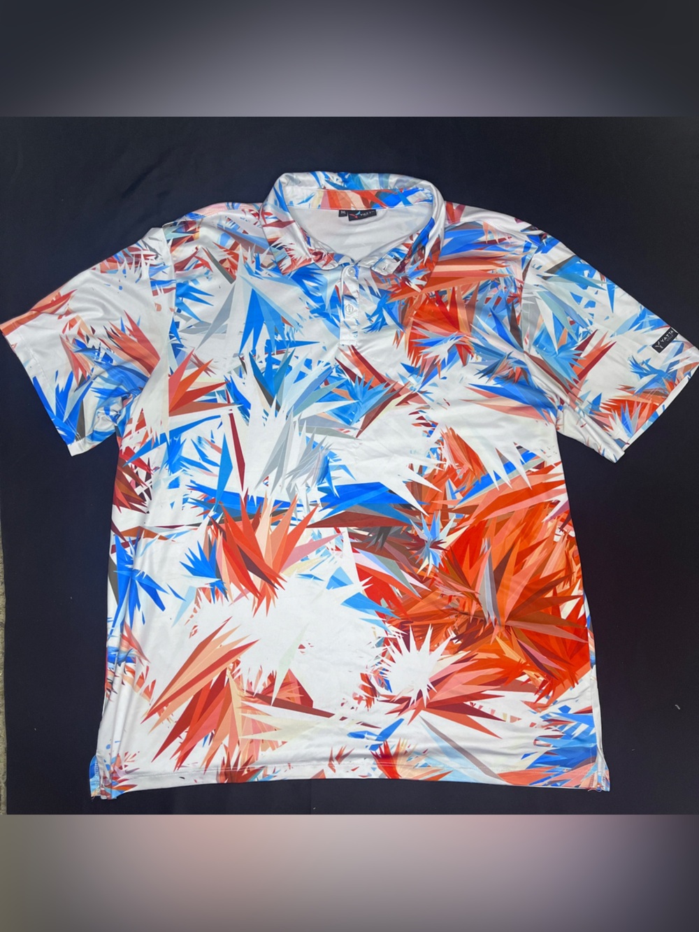 Men's Abstract Print Polo Shirt in White, Red & Blue